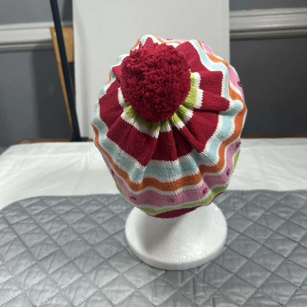 Gymboree Girls Striped Sequin Pom Pom Beanie Hat Size 5-7 Knit Cotton